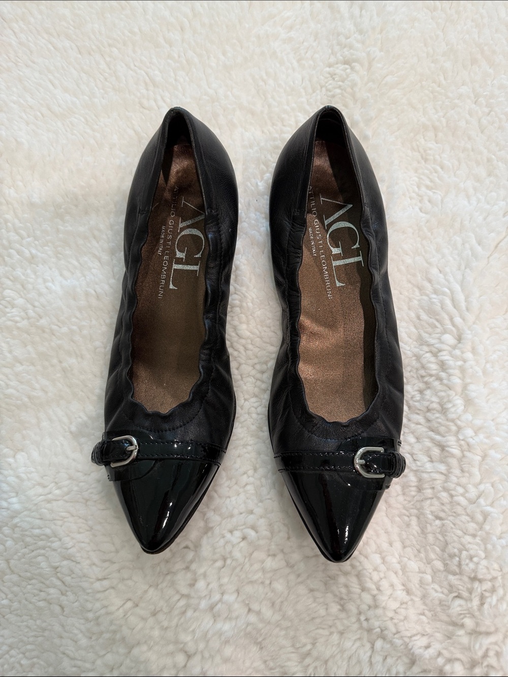 AGL Black Patent Pointed Toe Buckle Flats
